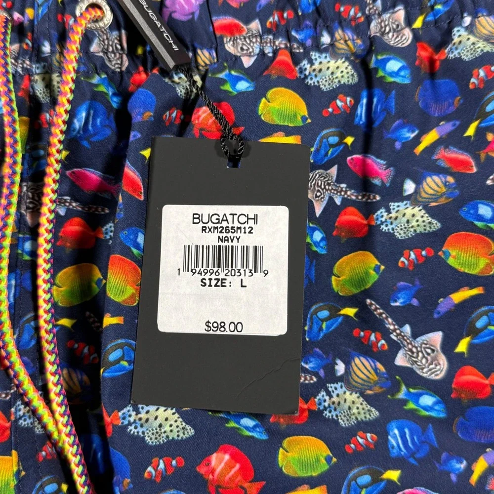 NWT Bugatchi Swim Trunks Men Large Navy Tropical Fish Print Mech Lined